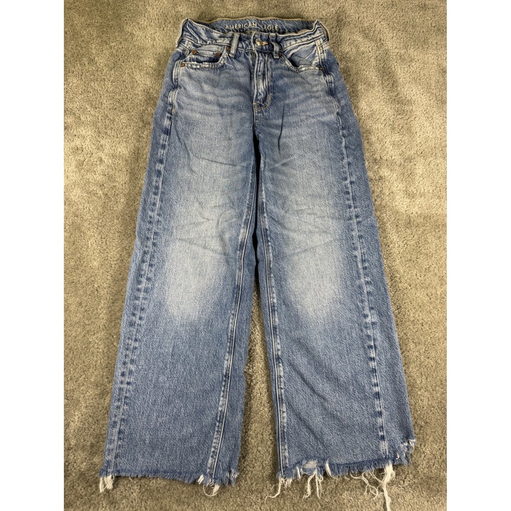 American Eagle Super High Rise Baggy Wide Leg Jeans Light Wash Raw Hem 000 Reg